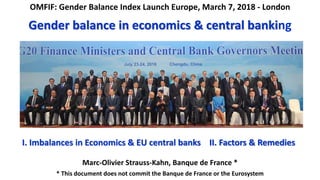 OMFIF: Gender Balance Index Launch Europe, March 7, 2018 - London
Gender balance in economics & central banking
Marc-Olivier Strauss-Kahn, Banque de France *
* This document does not commit the Banque de France or the Eurosystem
I. Imbalances in Economics & EU central banks II. Factors & Remedies
 