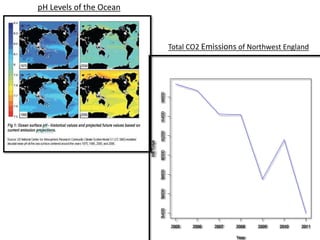 2005 2006 2007 2008 2009 2010 2011 
5400 5600 5800 6000 6200 6400 6600 
Year 
NETotal 
pH Levels of the Ocean 
Total CO2 E...