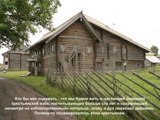 Кто бы мог подумать , что мы будем жить в настоящей северной
   крестьянской избе, насчитывающей больше ста лет и сохранившей,
несмотря на «облагороженный» интерьер, эпоху и дух онежских деревень.
              Почему-то позавидовалось этим крестьянам.
 