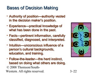 Bases of Decision Making
• Authority of position—authority vested
in the decision maker’s position.
• Experience—practical knowledge of
what has been done in the past.
• Facts—pertinent information, carefully
classified, diagnosed, and interpreted.
• Intuition—unconscious influence of a
person’s cultural backgrounds,
education, and training.
• Follow-the-leader—the herd instinct,
based on doing what others are doing.
© 2008 Thomson/SouthWestern. All rights reserved.

3–22

 