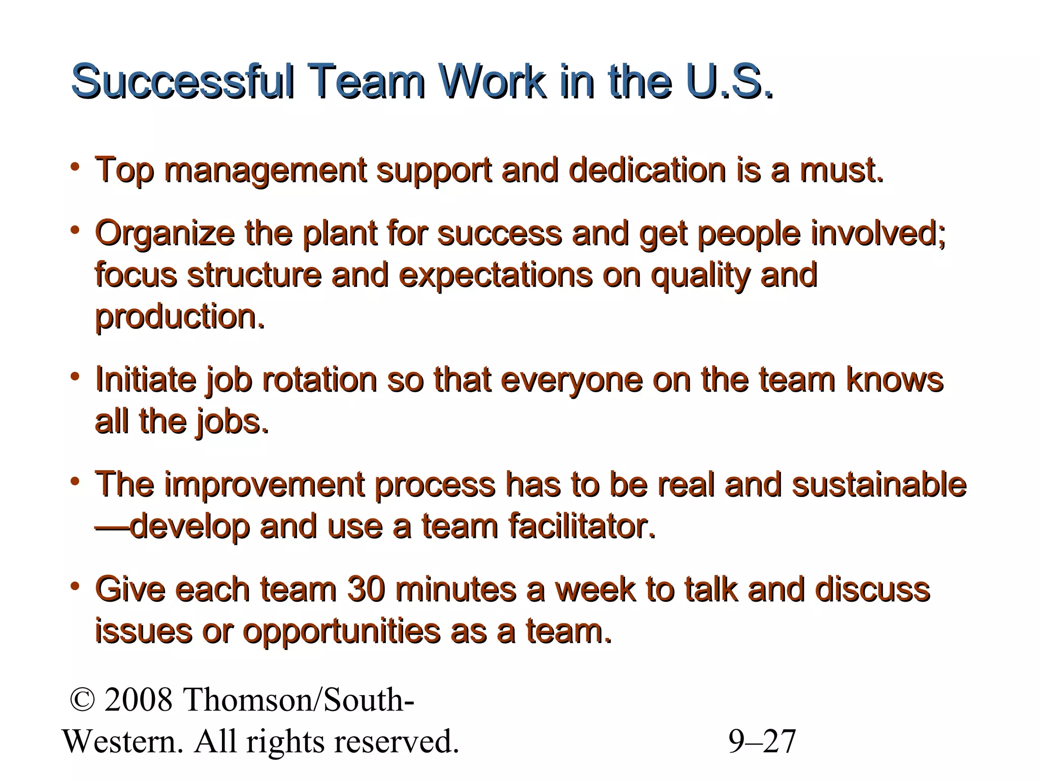 Successful Team Work in the U.S.
• Top management support and dedication is a must.
• Organize the plant for success and get people involved;
focus structure and expectations on quality and
production.
• Initiate job rotation so that everyone on the team knows
all the jobs.
• The improvement process has to be real and sustainable
—develop and use a team facilitator.
• Give each team 30 minutes a week to talk and discuss
issues or opportunities as a team.
© 2008 Thomson/SouthWestern. All rights reserved.

9–27

 