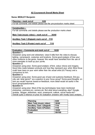A2 Coursework Overall Marks Sheet
Name: MOSLEY Benjamin
Planning – mark out of 5/20
For full comments and details please see the pre-production marks sheet
Construction –
For full comments and details please see the production marks sheet
Main Task (music video) – mark out of 30/40
Ancillary Task 1 (Digipak) mark out of 7/10
Ancillary Task 2 (Poster) mark out of 7/10
Evaluation – Comments and mark out of 10/20
Question 1:
Answered using word and slideshare. Uses 9 stills from the video to discuss
lighting, camerawork, costumes and locations. Some good analysis of how your
video conforms to the genre, however this would have benefited from the use of
more examples to back up your points.
Question 2:
Answered using prezi. Some good analysis of font, colour choice and imagery.
Good links made between products and how they represent your artist. More focus
could have been on your work rather than the actual artist (AJ Tracey) and a
comparison to him.
Question 3:
Answered using prezi. Some good use of peer and audience feedback. Did you
only ask ‘what genre?’ as a question to your focus group? Some good thoughts on
how you would improve based on feedback, more detail would be useful in the
focus group/questionnaire.
Question 4:
Answered using prezi. Most of the key technologies have been mentioned
photoshop, premiere pro, camera etc. But what about everything else? Google,
youtube, blogger, slideshare, word, powerpoint, outlook, social media etc?
Overall quite a reliance on prezi for evaluation answers with mostly basic analysis.
Planning 5/20
Main Task (music video) 30/40
Ancillary Task 1 (Digipak 7/10
Ancillary Task 2 (Poster) 7/10
Evaluation 10/20
Total 59/100
 