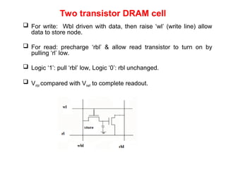 Two transistor DRAM cell
 For write: Wbl driven with data, then raise ‘wl’ (write line) allow
data to store node.
 For read: precharge ‘rbl’ & allow read transistor to turn on by
pulling ‘rl’ low.
 Logic ‘1’: pull ‘rbl’ low, Logic ‘0’: rbl unchanged.
 Vrbl compared with Vref to complete readout.
 