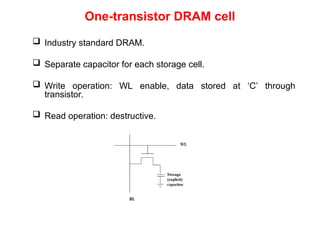 One-transistor DRAM cell
 Industry standard DRAM.
 Separate capacitor for each storage cell.
 Write operation: WL enable, data stored at ‘C’ through
transistor.
 Read operation: destructive.
 