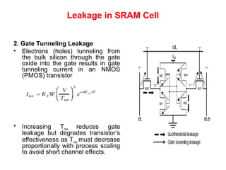 Leakage in SRAM Cell
2. Gate Tunneling Leakage
• Electrons (holes) tunneling from
the bulk silicon through the gate
oxide into the gate results in gate
tunneling current in an NMOS
(PMOS) transistor
• Increasing Tox reduces gate
leakage but degrades transistor’s
effectiveness as Tox must decrease
proportionally with process scaling
to avoid short channel effects.
 