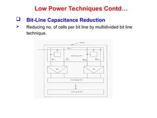 Low Power Techniques Contd…
 Bit-Line Capacitance Reduction
 Reducing no. of cells per bit line by multidivided bit line
technique.
 