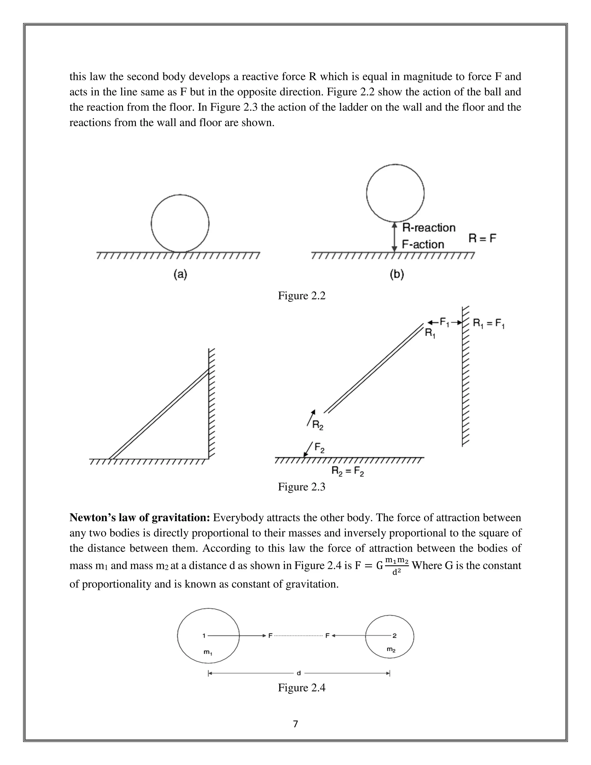 7
this law the second body develops a reactive force R which is equal in magnitude to force F and
acts in the line same as F but in the opposite direction. Figure 2.2 show the action of the ball and
the reaction from the floor. In Figure 2.3 the action of the ladder on the wall and the floor and the
reactions from the wall and floor are shown.
Figure 2.2
Figure 2.3
Newton’s law of gravitation: Everybody attracts the other body. The force of attraction between
any two bodies is directly proportional to their masses and inversely proportional to the square of
the distance between them. According to this law the force of attraction between the bodies of
mass m1 and mass m2 at a distance d as shown in Figure 2.4 is F ൌ G
୫భ୫మ
ୢమ Where G is the constant
of proportionality and is known as constant of gravitation.
Figure 2.4
 