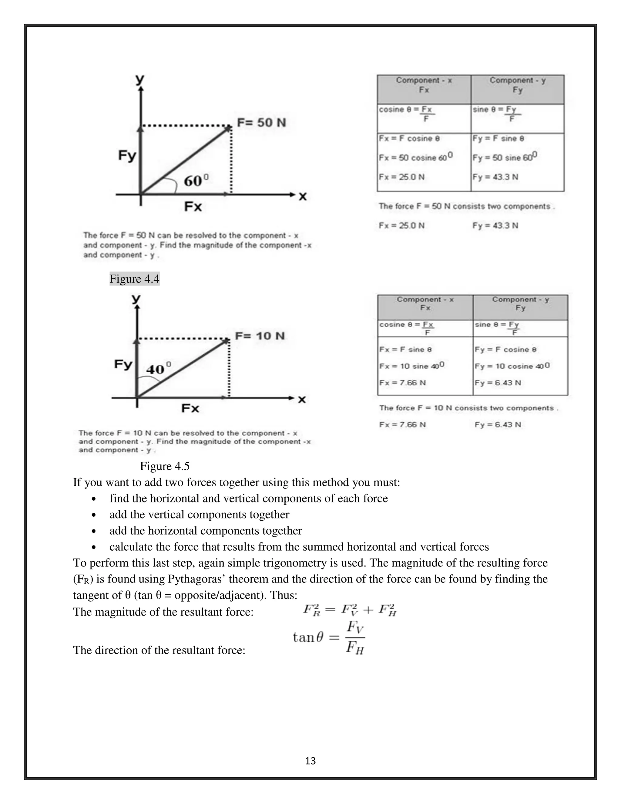 13
Figure 4.4
Figure 4.5
If you want to add two forces together using this method you must:
• find the horizontal and vertical components of each force
• add the vertical components together
• add the horizontal components together
• calculate the force that results from the summed horizontal and vertical forces
To perform this last step, again simple trigonometry is used. The magnitude of the resulting force
(FR) is found using Pythagoras’ theorem and the direction of the force can be found by finding the
tangent of θ (tan θ = opposite/adjacent). Thus:
The magnitude of the resultant force:
The direction of the resultant force:
 
