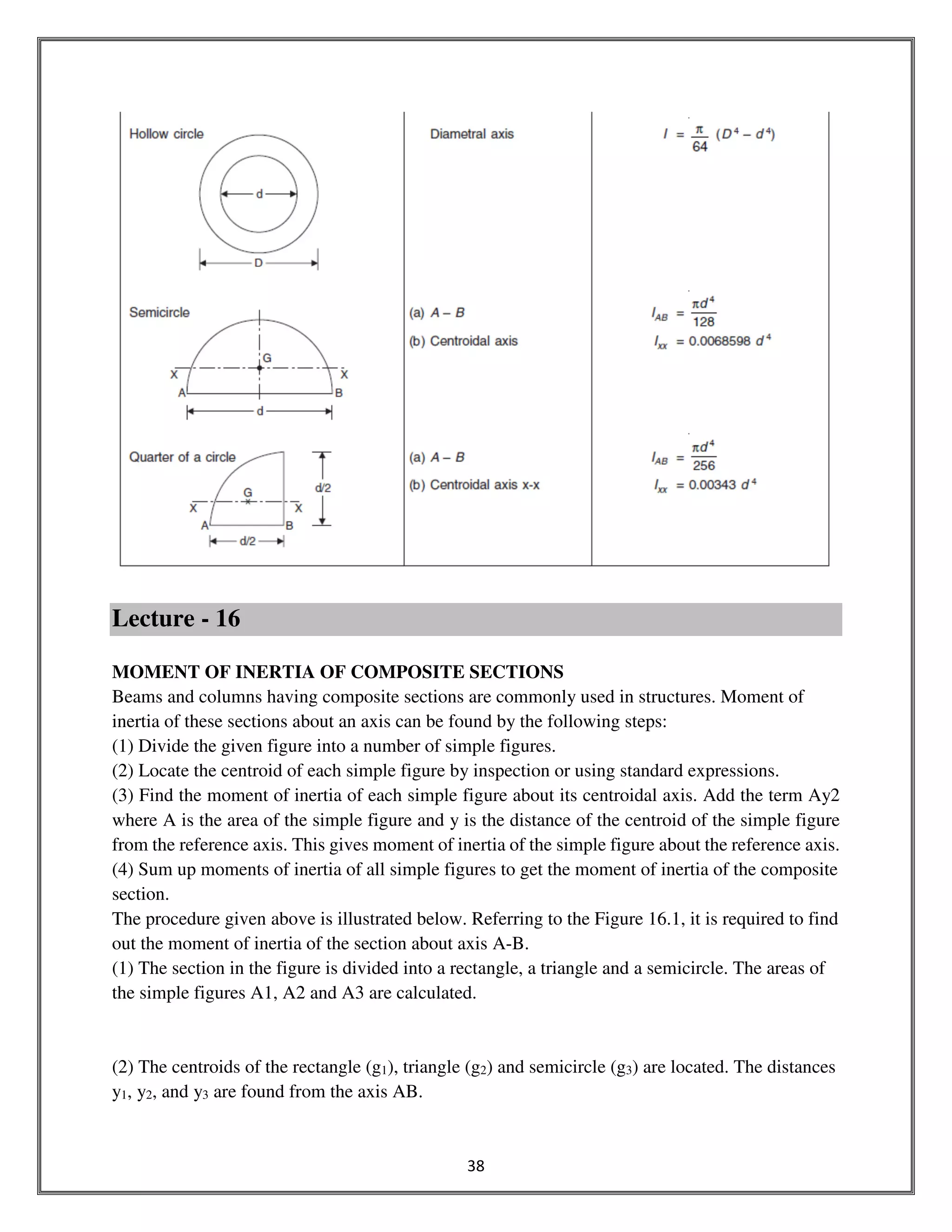 38
Lecture - 16
MOMENT OF INERTIA OF COMPOSITE SECTIONS
Beams and columns having composite sections are commonly used in structures. Moment of
inertia of these sections about an axis can be found by the following steps:
(1) Divide the given figure into a number of simple figures.
(2) Locate the centroid of each simple figure by inspection or using standard expressions.
(3) Find the moment of inertia of each simple figure about its centroidal axis. Add the term Ay2
where A is the area of the simple figure and y is the distance of the centroid of the simple figure
from the reference axis. This gives moment of inertia of the simple figure about the reference axis.
(4) Sum up moments of inertia of all simple figures to get the moment of inertia of the composite
section.
The procedure given above is illustrated below. Referring to the Figure 16.1, it is required to find
out the moment of inertia of the section about axis A-B.
(1) The section in the figure is divided into a rectangle, a triangle and a semicircle. The areas of
the simple figures A1, A2 and A3 are calculated.
(2) The centroids of the rectangle (g1), triangle (g2) and semicircle (g3) are located. The distances
y1, y2, and y3 are found from the axis AB.
 