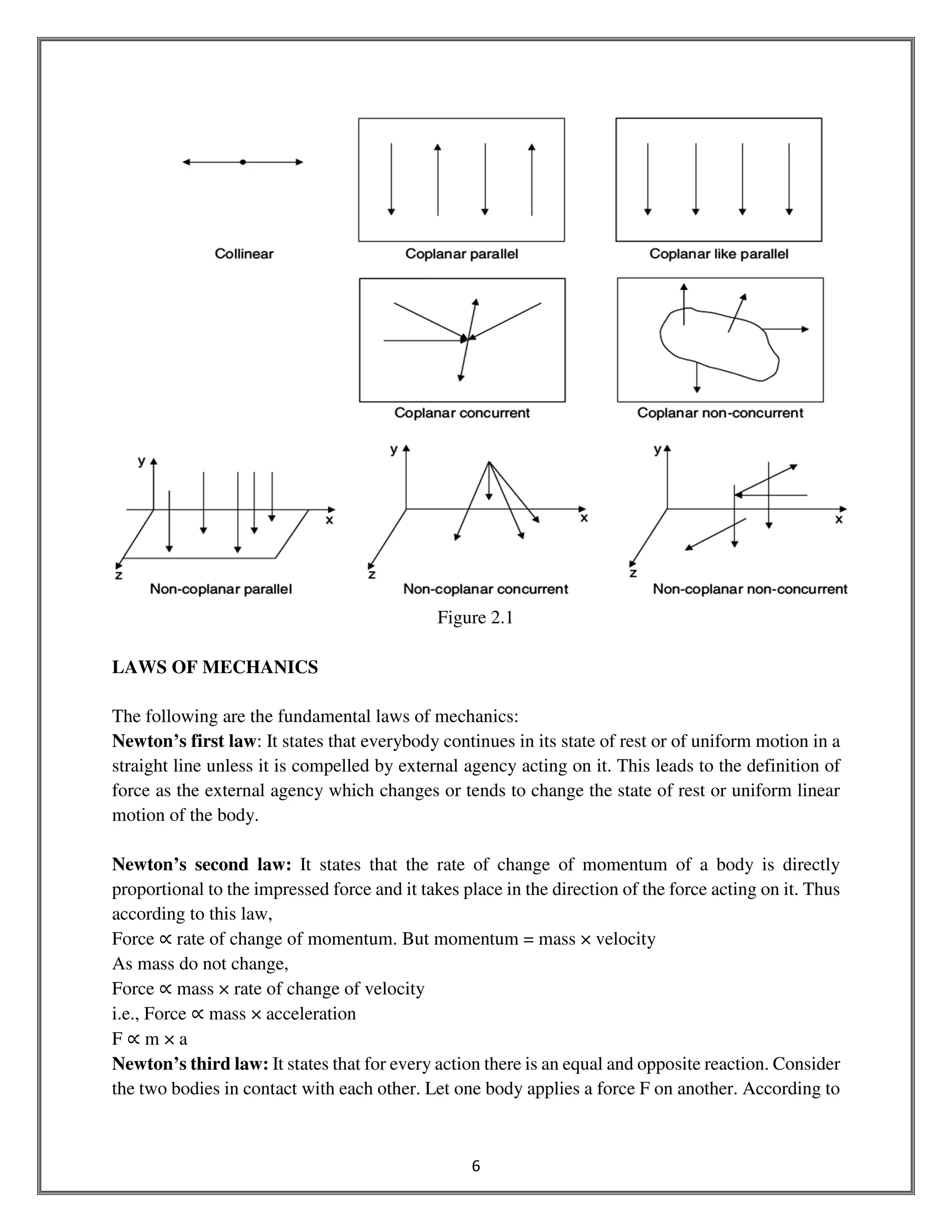 6
Figure 2.1
LAWS OF MECHANICS
The following are the fundamental laws of mechanics:
Newton’s first law: It states that everybody continues in its state of rest or of uniform motion in a
straight line unless it is compelled by external agency acting on it. This leads to the definition of
force as the external agency which changes or tends to change the state of rest or uniform linear
motion of the body.
Newton’s second law: It states that the rate of change of momentum of a body is directly
proportional to the impressed force and it takes place in the direction of the force acting on it. Thus
according to this law,
Force ∝ rate of change of momentum. But momentum = mass × velocity
As mass do not change,
Force ∝ mass × rate of change of velocity
i.e., Force ∝ mass × acceleration
F ∝ m × a
Newton’s third law: It states that for every action there is an equal and opposite reaction. Consider
the two bodies in contact with each other. Let one body applies a force F on another. According to
 