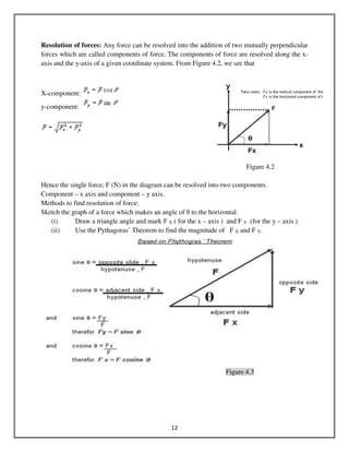 12
Resolution of forces: Any force can be resolved into the addition of two mutually perpendicular
forces which are called components of force. The components of force are resolved along the x-
axis and the y-axis of a given coordinate system. From Figure 4.2, we see that
X-component:
y-component:
Figure 4.2
Hence the single force, F (N) in the diagram can be resolved into two components.
Component – x axis and component – y axis.
Methods to find resolution of force:
Sketch the graph of a force which makes an angle of θ to the horizontal.
(i) Draw a triangle angle and mark F X ( for the x – axis ) and F Y .(for the y – axis )
(ii) Use the Pythagoras’ Theorem to find the magnitude of F X and F Y.
Figure 4.3
 