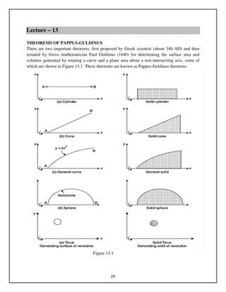 29
Lecture – 13
THEOREMS OF PAPPUS-GULDINUS
There are two important theorems, first proposed by Greek scientist (about 340 AD) and then
restated by Swiss mathematician Paul Guldinus (1640) for determining the surface area and
volumes generated by rotating a curve and a plane area about a non-intersecting axis, some of
which are shown in Figure 13.1. These theorems are known as Pappus-Guldinus theorems.
Figure 13.1
 