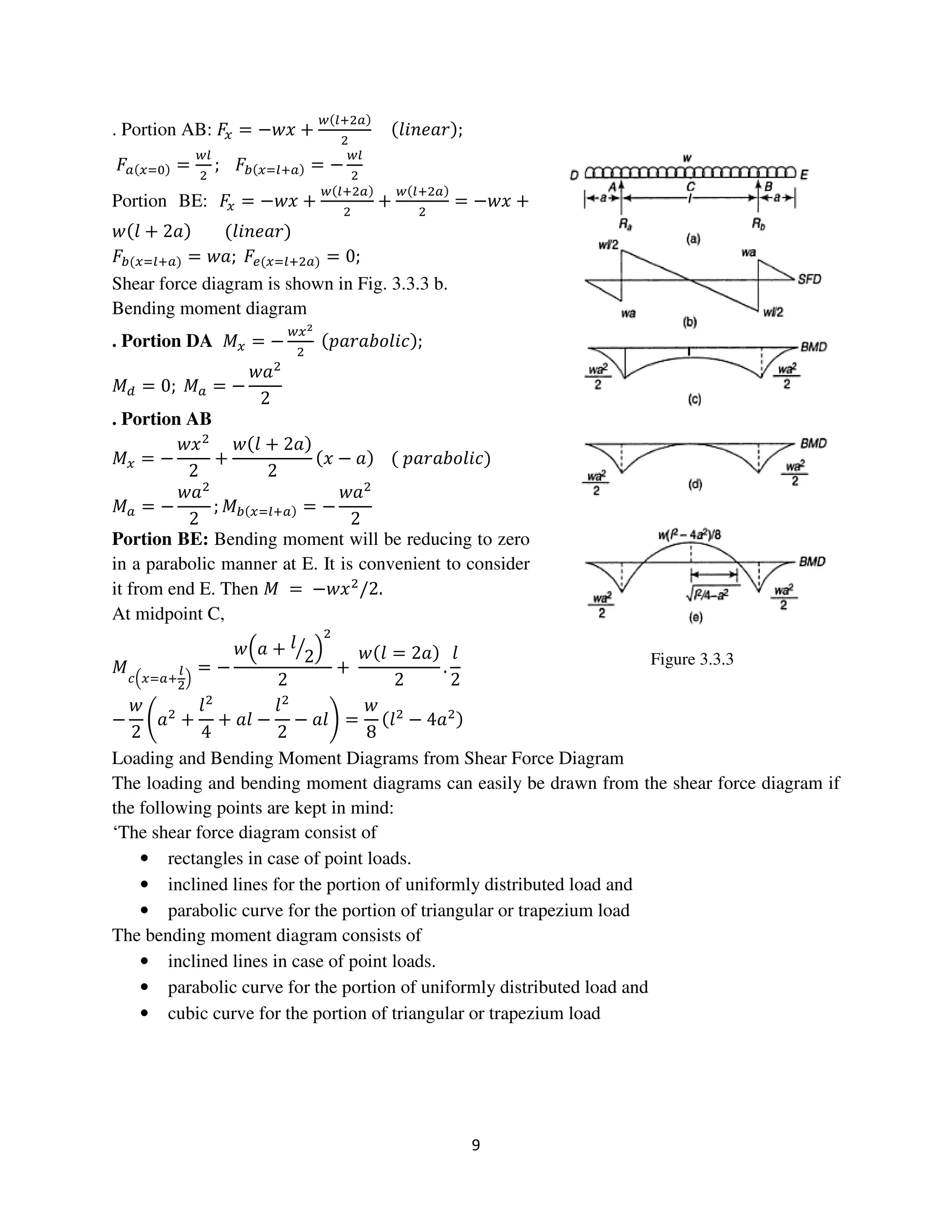 9
Figure 3.3.3
. Portion AB: ‫ܨ‬௫ = −‫ݔݓ‬ +
௪ሺ௟ାଶ௔ሻ
ଶ
ሺ݈݅݊݁ܽ‫ݎ‬ሻ;
‫ܨ‬௔ሺ௫ୀ଴ሻ =
௪௟
ଶ
; ‫ܨ‬௕ሺ௫ୀ௟ା௔ሻ = −
௪௟
ଶ
Portion BE: ‫ܨ‬௫ = −‫ݔݓ‬ +
௪ሺ௟ାଶ௔ሻ
ଶ
+
௪ሺ௟ାଶ௔ሻ
ଶ
= −‫ݔݓ‬ +
‫ݓ‬ሺ݈ + 2ܽሻ ሺ݈݅݊݁ܽ‫ݎ‬ሻ
‫ܨ‬௕ሺ௫ୀ௟ା௔ሻ = ‫;ܽݓ‬ ‫ܨ‬௘ሺ௫ୀ௟ାଶ௔ሻ = 0;
Shear force diagram is shown in Fig. 3.3.3 b.
Bending moment diagram
. Portion DA ‫ܯ‬௫ = −
௪௫మ
ଶ
ሺ‫݈ܿ݅݋ܾܽݎܽ݌‬ሻ;
‫ܯ‬ௗ = 0; ‫ܯ‬௔ = −
‫ܽݓ‬ଶ
2
. Portion AB
‫ܯ‬௫ = −
‫ݔݓ‬ଶ
2
+
‫ݓ‬ሺ݈ + 2ܽሻ
2
ሺ‫ݔ‬ − ܽሻ ሺ ‫݈ܿ݅݋ܾܽݎܽ݌‬ሻ
‫ܯ‬௔ = −
‫ܽݓ‬ଶ
2
; ‫ܯ‬௕ሺ௫ୀ௟ା௔ሻ = −
‫ܽݓ‬ଶ
2
Portion BE: Bending moment will be reducing to zero
in a parabolic manner at E. It is convenient to consider
it from end E. Then ‫ܯ‬ = −‫ݔݓ‬ଶ
/2.
At midpoint C,
‫ܯ‬
௖ቀ௫ୀ௔ା
௟
ଶ
ቁ
= −
‫ݓ‬ቀܽ + ݈
2ൗ ቁ
ଶ
2
+
‫ݓ‬ሺ݈ = 2ܽሻ
2
.
݈
2
−
‫ݓ‬
2
ቆܽଶ
+
݈ଶ
4
+ ݈ܽ −
݈ଶ
2
− ݈ܽቇ =
‫ݓ‬
8
ሺ݈ଶ
− 4ܽଶሻ
Loading and Bending Moment Diagrams from Shear Force Diagram
The loading and bending moment diagrams can easily be drawn from the shear force diagram if
the following points are kept in mind:
‘The shear force diagram consist of
• rectangles in case of point loads.
• inclined lines for the portion of uniformly distributed load and
• parabolic curve for the portion of triangular or trapezium load
The bending moment diagram consists of
• inclined lines in case of point loads.
• parabolic curve for the portion of uniformly distributed load and
• cubic curve for the portion of triangular or trapezium load
 