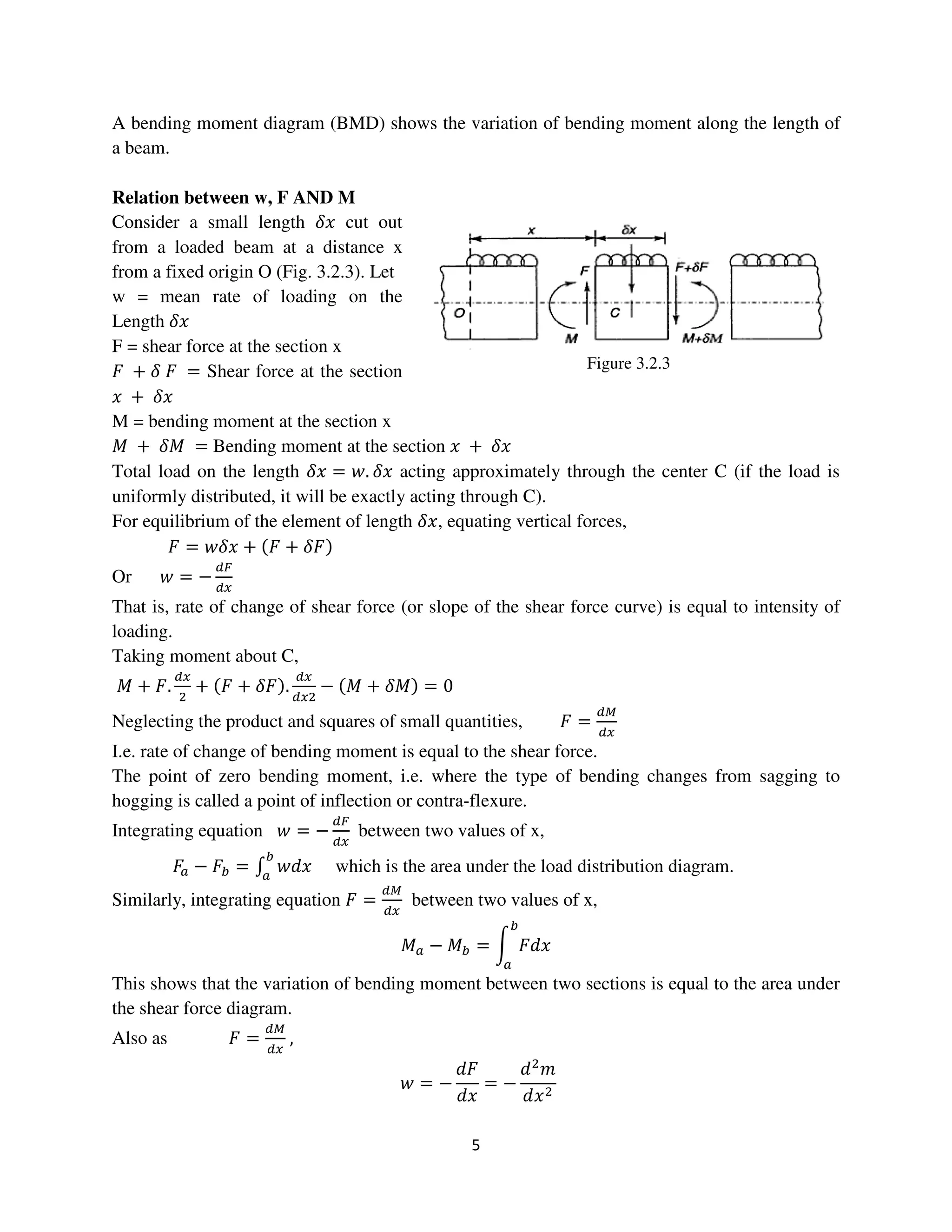 5
Figure 3.2.3
A bending moment diagram (BMD) shows the variation of bending moment along the length of
a beam.
Relation between w, F AND M
Consider a small length ߜ‫ݔ‬ cut out
from a loaded beam at a distance x
from a fixed origin O (Fig. 3.2.3). Let
w = mean rate of loading on the
Length ߜ‫ݔ‬
F = shear force at the section x
‫ܨ‬ + ߜ ‫ܨ‬ = Shear force at the section
‫ݔ‬ + ߜ‫ݔ‬
M = bending moment at the section x
‫ܯ‬ + ߜ‫ܯ‬ = Bending moment at the section ‫ݔ‬ + ߜ‫ݔ‬
Total load on the length ߜ‫ݔ‬ = ‫.ݓ‬ ߜ‫ݔ‬ acting approximately through the center C (if the load is
uniformly distributed, it will be exactly acting through C).
For equilibrium of the element of length ߜ‫,ݔ‬ equating vertical forces,
‫ܨ‬ = ‫ݔߜݓ‬ + ሺ‫ܨ‬ + ߜ‫ܨ‬ሻ
Or ‫ݓ‬ = −
ௗி
ௗ௫
That is, rate of change of shear force (or slope of the shear force curve) is equal to intensity of
loading.
Taking moment about C,
‫ܯ‬ + ‫.ܨ‬
ௗ௫
ଶ
+ ሺ‫ܨ‬ + ߜ‫ܨ‬ሻ.
ௗ௫
ௗ௫ଶ
− ሺ‫ܯ‬ + ߜ‫ܯ‬ሻ = 0
Neglecting the product and squares of small quantities, ‫ܨ‬ =
ௗெ
ௗ௫
I.e. rate of change of bending moment is equal to the shear force.
The point of zero bending moment, i.e. where the type of bending changes from sagging to
hogging is called a point of inflection or contra-flexure.
Integrating equation ‫ݓ‬ = −
ௗி
ௗ௫
between two values of x,
‫ܨ‬௔ − ‫ܨ‬௕ = ‫׬‬ ‫ݔ݀ݓ‬
௕
௔
which is the area under the load distribution diagram.
Similarly, integrating equation ‫ܨ‬ =
ௗெ
ௗ௫
between two values of x,
‫ܯ‬௔ − ‫ܯ‬௕ = න ‫ݔ݀ܨ‬
௕
௔
This shows that the variation of bending moment between two sections is equal to the area under
the shear force diagram.
Also as ‫ܨ‬ =
ௗெ
ௗ௫
,
‫ݓ‬ = −
݀‫ܨ‬
݀‫ݔ‬
= −
݀ଶ
݉
݀‫ݔ‬ଶ
 