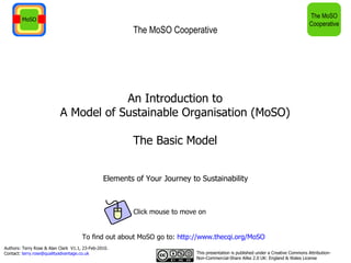 An Introduction to A Model of Sustainable Organisation (MoSO) The Basic Model Elements of Your Journey to Sustainability The MoSO Cooperative This presentation is published under a Creative Commons Attribution-Non-Commercial-Share Alike 2.0 UK: England & Wales License To find out about MoSO go to:  http://www.thecqi.org/MoSO   Click mouse to move on 