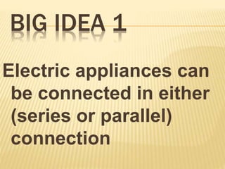 BIG IDEA 1
Electric appliances can
be connected in either
(series or parallel)
connection
 