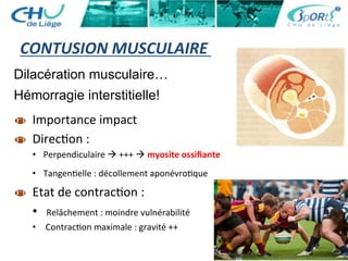 6	
  
CONTUSION	
  MUSCULAIRE	
  
  Importance	
  impact	
  
  Direc:on	
  :	
  
•  Perpendiculaire	
  à	
  +++	
  à	
  myosite	
  ossiﬁante	
  
•  Tangen:elle	
  :	
  décollement	
  aponévro:que 	
   	
   	
   	
   	
  	
  
  Etat	
  de	
  contrac:on	
  :	
  
•  	
  Relâchement	
  :	
  moindre	
  vulnérabilité	
  	
  
•  	
  Contrac:on	
  maximale	
  :	
  gravité	
  ++	
  
Dilacération musculaire…
Hémorragie interstitielle!
 