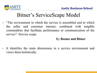 Amity Business School
Bitner’s ServiceScape Model
• “The environment in which the service is assembled and in which
the seller and customer interact, combined with tangible
commodities that facilitate performance or communication of the
service”- Service scape
By Booms and Bitner
• It identifies the main dimensions in a service environment and
views them holistically.
 
