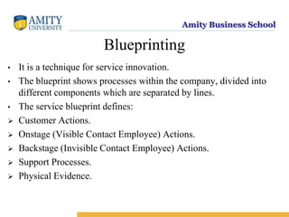 Amity Business School
Blueprinting
• It is a technique for service innovation.
• The blueprint shows processes within the company, divided into
different components which are separated by lines.
• The service blueprint defines:
 Customer Actions.
 Onstage (Visible Contact Employee) Actions.
 Backstage (Invisible Contact Employee) Actions.
 Support Processes.
 Physical Evidence.
 