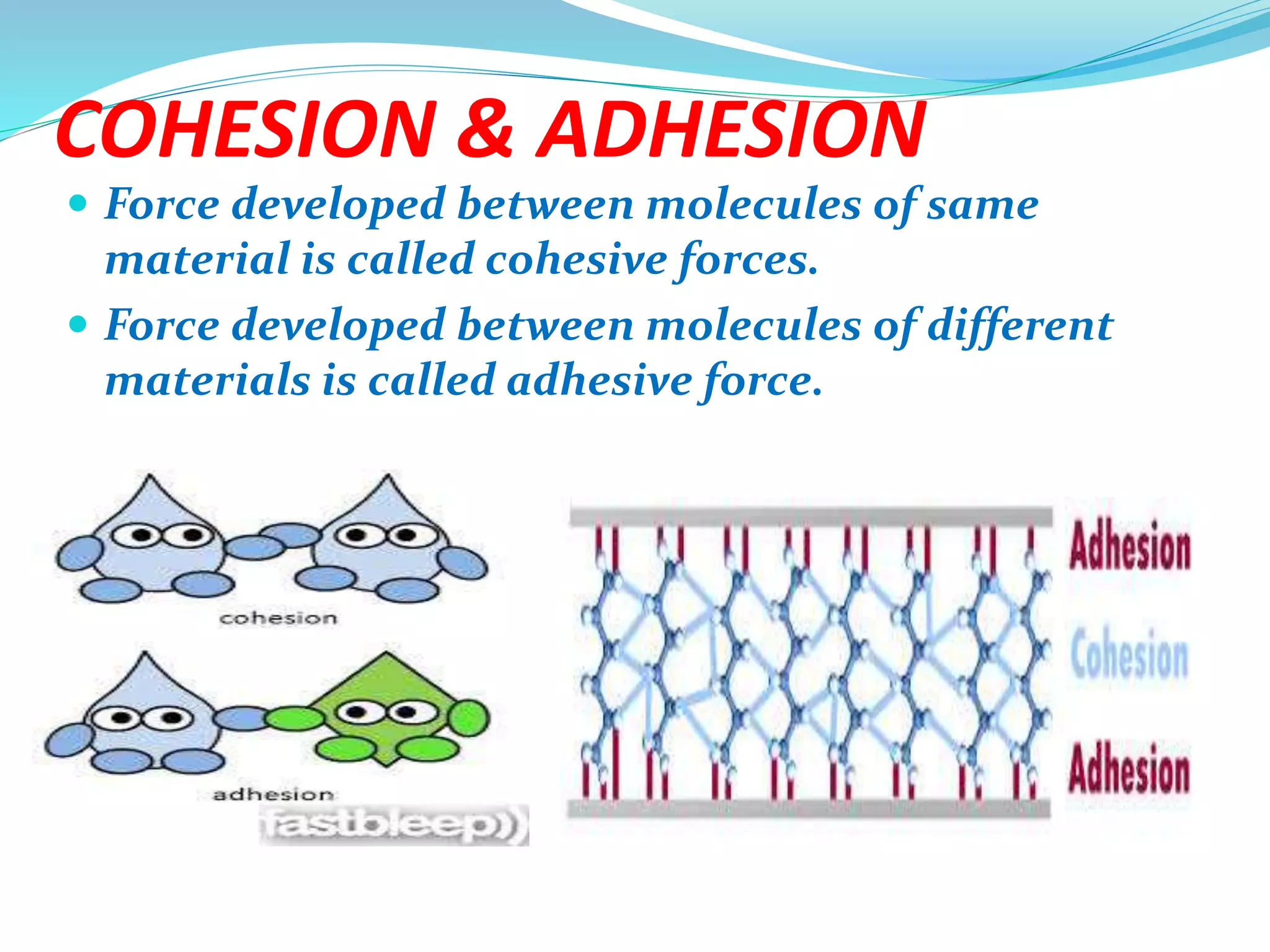 COHESION & ADHESION
 Force developed between molecules of same
material is called cohesive forces.
 Force developed between molecules of different
materials is called adhesive force.
 