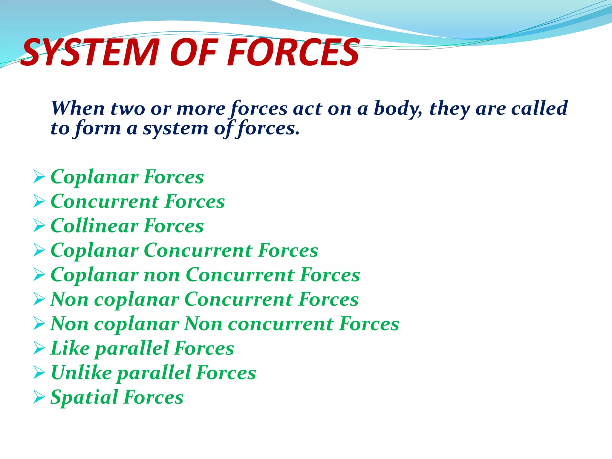 SYSTEM OF FORCES
When two or more forces act on a body, they are called
to form a system of forces.
 Coplanar Forces
 Concurrent Forces
 Collinear Forces
 Coplanar Concurrent Forces
 Coplanar non Concurrent Forces
 Non coplanar Concurrent Forces
 Non coplanar Non concurrent Forces
 Like parallel Forces
 Unlike parallel Forces
 Spatial Forces
 