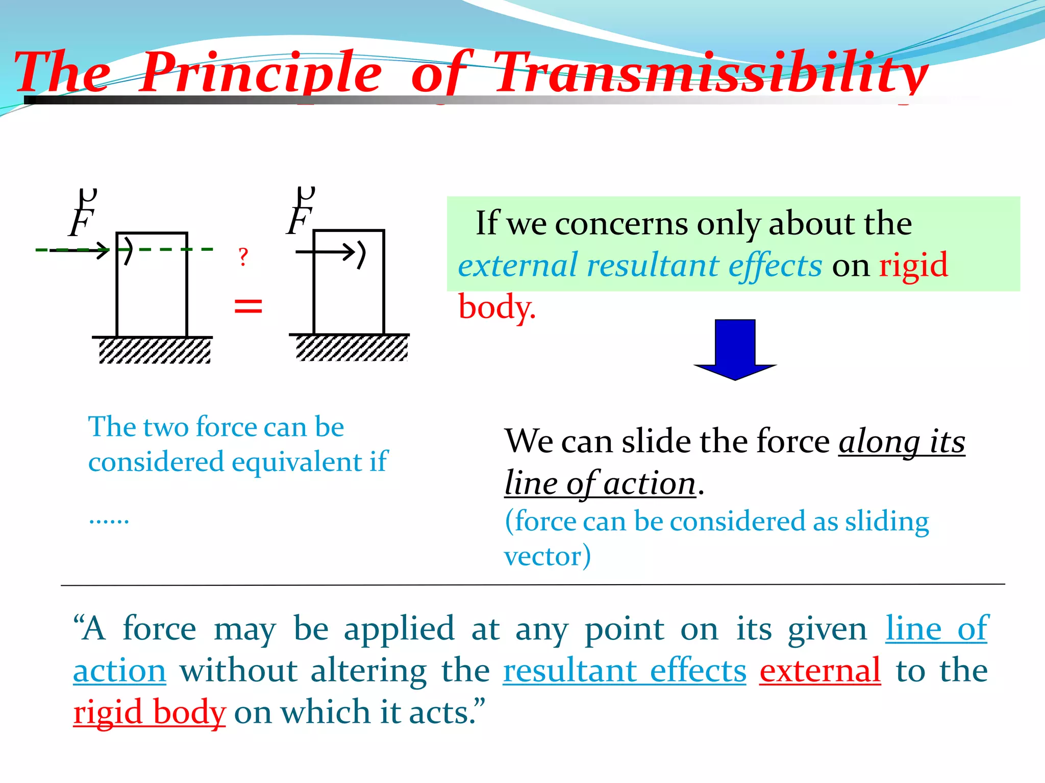 The Principle of Transmissibility
“A force may be applied at any point on its given line of
action without altering the resultant effects external to the
rigid body on which it acts.”
We can slide the force along its
line of action.
(force can be considered as sliding
vector)
F

F

=
?
The two force can be
considered equivalent if
……
If we concerns only about the
external resultant effects on rigid
body.
 