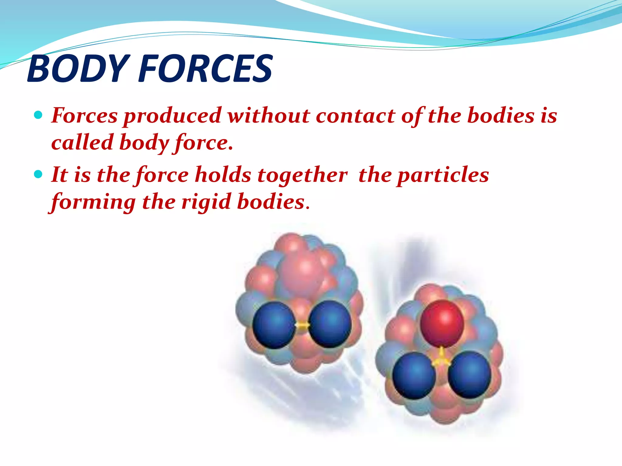 BODY FORCES
 Forces produced without contact of the bodies is
called body force.
 It is the force holds together the particles
forming the rigid bodies.
 