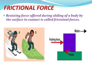 FRICTIONAL FORCE
 Resisting force offered during sliding of a body by
the surface in contact is called frictoinal forces.
 