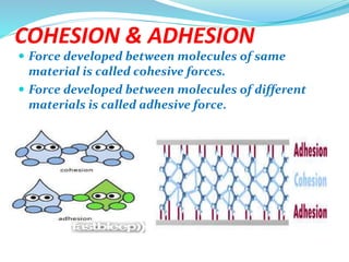 COHESION & ADHESION
 Force developed between molecules of same
material is called cohesive forces.
 Force developed between molecules of different
materials is called adhesive force.
 