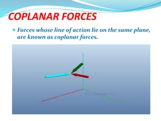 COPLANAR FORCES
 Forces whose line of action lie on the same plane,
are known as coplanar forces.
 