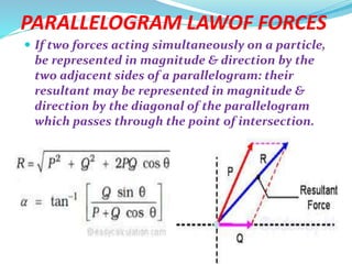 PARALLELOGRAM LAWOF FORCES
 If two forces acting simultaneously on a particle,
be represented in magnitude & direction by the
two adjacent sides of a parallelogram: their
resultant may be represented in magnitude &
direction by the diagonal of the parallelogram
which passes through the point of intersection.
 
