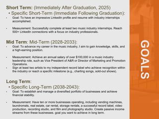 GOALS
Short Term: (Immediately After Graduation, 2025)
• Specific Short-Term (Immediate Following Graduation):
• Goal: To have an impressive LinkedIn profile and resume with industry internships
accomplished.
• Measurement: Successfully complete at least two music industry internships. Reach
500+ LinkedIn connections with a focus on industry professionals.
Mid Term: Mid-Term (2028-2033):
• Goal: To advance my career in the music industry, I aim to gain knowledge, skills, and
a high-earning position.
• Measurement: Achieve an annual salary of over $100,000 in a music industry
leadership role, such as Vice President of A&R or Director of Marketing and Promotion
Operations.
• Sign at least two artists to my independent record label who achieve recognition within
the industry or reach a specific milestone (e.g., charting songs, sold-out shows).
Long Term:
• Specific Long-Term (2038-2043):
• Goal: To establish and manage a diversified portfolio of businesses and achieve
financial stability.
• Measurement: Have ten or more businesses operating, including vending machines,
laundromats, real estate, car rental, storage rentals, a successful record label, video
production, recording studio, and film and photography studio. Create passive income
streams from these businesses. goal you want to achieve in long term.
 
