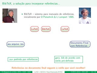 BibTeX, a solu¸c˜ao para incorporar referˆencias...
• BibTeX – sistema para manuseio de referˆencias,
inicialmente por O Patashnik & L Lamport ’1985.
seu arquivo .tex
LaTeX LaTeX
.aux pedindo por referˆencias
BibTeX
gera .bib de acordo com
estilo pr´e-deﬁnido
Documento Final
com Referˆencias
Referˆencias no documento ﬁnal seguem o estilo que vocˆe escolher!
Th Mosqueiro & JJ Brito (IFSC / ICMC - USP) LaTeX + BibTeX 4 Teses/Disserta¸c˜oes @ IFSC II SIFSC (2012) – IFSC USP 18 / 30
 