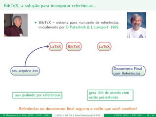 BibTeX, a solu¸c˜ao para incorporar referˆencias...
• BibTeX – sistema para manuseio de referˆencias,
inicialmente por O Patashnik & L Lamport ’1985.
seu arquivo .tex
LaTeX LaTeX
.aux pedindo por referˆencias
BibTeX
gera .bib de acordo com
estilo pr´e-deﬁnido
Documento Final
com Referˆencias
Referˆencias no documento ﬁnal seguem o estilo que vocˆe escolher!
Th Mosqueiro & JJ Brito (IFSC / ICMC - USP) LaTeX + BibTeX 4 Teses/Disserta¸c˜oes @ IFSC II SIFSC (2012) – IFSC USP 18 / 30
 