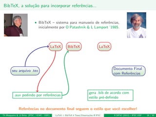 BibTeX, a solu¸c˜ao para incorporar referˆencias...
• BibTeX – sistema para manuseio de referˆencias,
inicialmente por O Patashnik & L Lamport ’1985.
seu arquivo .tex
LaTeX LaTeX
.aux pedindo por referˆencias
BibTeX
gera .bib de acordo com
estilo pr´e-deﬁnido
Documento Final
com Referˆencias
Referˆencias no documento ﬁnal seguem o estilo que vocˆe escolher!
Th Mosqueiro & JJ Brito (IFSC / ICMC - USP) LaTeX + BibTeX 4 Teses/Disserta¸c˜oes @ IFSC II SIFSC (2012) – IFSC USP 18 / 30
 