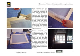 Cómo evitar el síndrome del gato paracaidista: mosquiteras baratas



                                       Luego le pegamos unos mar-
                                       tillazos con cariño (figura 23).
                                       Si la mesa del comedor es de
                                       cristal, como una que yo me sé,
                                       es recomendable que esto se
                                       haga en el suelo. Es mejor que
                                       las chinchetas no estén en línea
                                       recta, para evitar que la madera
                                       aproveche esa línea para rajarse
                                       de lado a lado. Por último,
                                       recortaremos con las tijeras la
                                       tela sobrante por todos lados
                                       (figura 24). En una mosquitera
                                       de este tamaño no es necesario
Figura 23                              poner chinchetas en la parte        Figura 24
                                       superior e inferior.

                                       Hemos       conseguido      una
                                       mosquitera bien tensa (figura
                                       25) y además resultona. En las
                                       siguientes      imágenes      la
                                       podemos ver colocada por
                                       dentro y por fuera de la casa.
                                       Va encajada entre los carriles
                                       de aluminio de ambas hojas de
                                       la ventana. Si la mosquitera no
                                       llega hasta arriba, como es el
                                       caso, puede necesitar algo de
                                       sujeción, que conseguiremos
                                       cerrando apenas un centímetro
Figura 25                              la ventana.                         Figura 25


                                                                                                                     7
            Parsifal para Migato.com           Publicado bajo la licencia Creative Commons
 