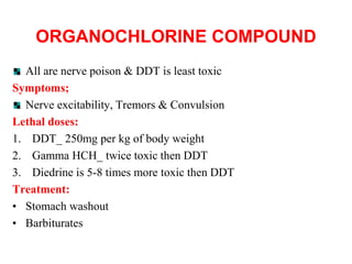 ORGANOCHLORINE COMPOUND
All are nerve poison & DDT is least toxic
Symptoms;
Nerve excitability, Tremors & Convulsion
Lethal doses:
1. DDT_ 250mg per kg of body weight
2. Gamma HCH_ twice toxic then DDT
3. Diedrine is 5-8 times more toxic then DDT
Treatment:
• Stomach washout
• Barbiturates
 