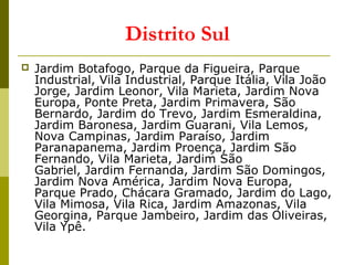 Distrito Sul
 Jardim Botafogo, Parque da Figueira, Parque
Industrial, Vila Industrial, Parque Itália, Vila João
Jorge, Jardim Leonor, Vila Marieta, Jardim Nova
Europa, Ponte Preta, Jardim Primavera, São
Bernardo, Jardim do Trevo, Jardim Esmeraldina,
Jardim Baronesa, Jardim Guarani, Vila Lemos,
Nova Campinas, Jardim Paraíso, Jardim
Paranapanema, Jardim Proença, Jardim São
Fernando, Vila Marieta, Jardim São
Gabriel, Jardim Fernanda, Jardim São Domingos,
Jardim Nova América, Jardim Nova Europa,
Parque Prado, Chácara Gramado, Jardim do Lago,
Vila Mimosa, Vila Rica, Jardim Amazonas, Vila
Georgina, Parque Jambeiro, Jardim das Oliveiras,
Vila Ypê.
 