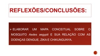 REFLEXÕES/CONCLUSÕES:
 ELABORAR UM MAPA CONCEITUAL SOBRE O
MOSQUITO Aedes aegypti E SUA RELAÇÃO COM AS
DOENÇAS DENGUE, ZIKA E CHIKUNGUNYA.
 