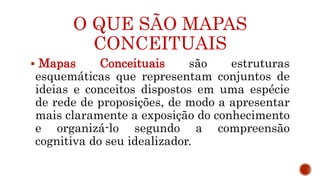 O QUE SÃO MAPAS
CONCEITUAIS
 Mapas Conceituais são estruturas
esquemáticas que representam conjuntos de
ideias e conceitos dispostos em uma espécie
de rede de proposições, de modo a apresentar
mais claramente a exposição do conhecimento
e organizá-lo segundo a compreensão
cognitiva do seu idealizador.
 