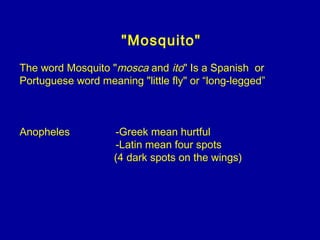 "Mosquito"
The word Mosquito "mosca and ito" Is a Spanish or
Portuguese word meaning "little fly" or “long-legged”
Anopheles -Greek mean hurtful
-Latin mean four spots
(4 dark spots on the wings)
 