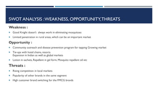 SWOT ANALYSIS : WEAKNESS, OPPORTUNITY, THREATS
Weakness :
 Good Knight doesn’t always work in eliminating mosquitoes
 Limited penetration in rural areas, which can be an important market

Opportunity :
 Community outreach and disease prevention program for tapping Growing market
 Tie-ups with hotel chains, resorts

Expansion in Indian as well as global markets

 Lotion in sachets, Repellent in gel form, Mosquito repellent oil etc

Threats :
 Rising competition in local markets
 Popularity of other brands in the same segment
 High customer brand switching for the FMCG brands

 