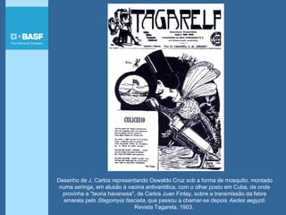 Desenho de J. Carlos representando Oswaldo Cruz sob a forma de mosquito, montado
numa seringa, em alusão à vacina antivariólica, com o olhar posto em Cuba, de onde
provinha a "teoria havanesa", de Carlos Juan Finlay, sobre a transmissão da febre
amarela pelo Stegomyia fasciata, que passou a chamar-se depois Aedes aegypti.
Revista Tagarela, 1903.
 