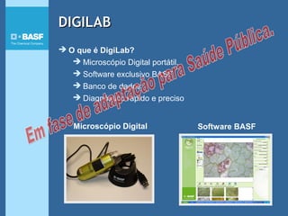  O que é DigiLab?
 Microscópio Digital portátil.
 Software exclusivo BASF
 Banco de dados
 Diagnóstico rápido e preciso
+
Microscópio Digital Software BASF
DIGILABDIGILAB
 