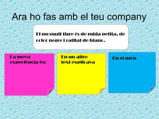 Ara ho fas amb el teu company
El mosquit tigre és de mida petita, de
color negre i ratllat de blanc.
La meva
experiència és:
En un altre
text explicava
En el món
 
