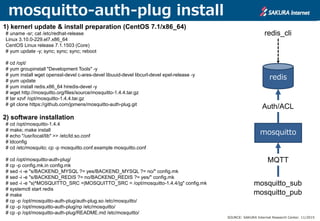mosquitto-auth-plug install
1) kernerl update & install preparation (CentOS 7.1/x86_64)
# uname -sr; cat /etc/redhat-release
Linux 3.10.0-229.el7.x86_64
CentOS Linux release 7.1.1503 (Core)
# yum update -y; sync; sync; sync; reboot
# cd /opt/
# yum groupinstall "Development Tools" -y
# yum install wget openssl-devel c-ares-devel libuuid-devel libcurl-devel epel-release -y
# yum update
# yum install redis.x86_64 hiredis-devel -y
# wget http://mosquitto.org/files/source/mosquitto-1.4.4.tar.gz
# tar xzvf /opt/mosquitto-1.4.4.tar.gz
# git clone https://github.com/jpmens/mosquitto-auth-plug.git
2) software installation
# cd /opt/mosquitto-1.4.4
# make; make install
# echo "/usr/local/lib" >> /etc/ld.so.conf
# ldconfig
# cd /etc/mosquitto/ ; cp -p mosquitto.conf.example mosquitto.conf
# cd /opt/mosquitto-auth-plug/
# cp -p config.mk.in config.mk
# sed -i -e "s/BACKEND_MYSQL ?= yes/BACKEND_MYSQL ?= no/" config.mk
# sed -i -e "s/BACKEND_REDIS ?= no/BACKEND_REDIS ?= yes/" config.mk
# sed -i -e "s|^MOSQUITTO_SRC =|MOSQUITTO_SRC = /opt/mosquitto-1.4.4/|g" config.mk
# systemctl start redis
# make
# cp -p /opt/mosquitto-auth-plug/auth-plug.so /etc/mosquitto/
# cp -p /opt/mosquitto-auth-plug/np /etc/mosquitto/
# cp -p /opt/mosquitto-auth-plug/README.md /etc/mosquitto/
SOURCE: SAKURA Internet Research Center. 11/2015
mosquitto
redis
mosquitto_pub
mosquitto_sub
redis_cli
MQTT
Auth/ACL
 