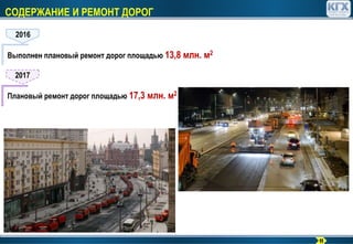 СОДЕРЖАНИЕ И РЕМОНТ ДОРОГ
Выполнен плановый ремонт дорог площадью 13,8 млн. м2
Плановый ремонт дорог площадью 17,3 млн. м2
2016
2017
11
 