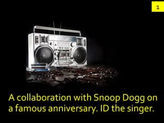 1




A collaboration with Snoop Dogg on
a famous anniversary. ID the singer.
 