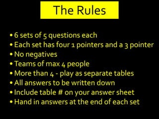The Rules
• 6 sets of 5 questions each
• Each set has four 1 pointers and a 3 pointer
• No negatives
• Teams of max 4 people
• More than 4 - play as separate tables
• All answers to be written down
• Include table # on your answer sheet
• Hand in answers at the end of each set
 