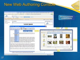 New Web Authoring Console                    Content
                                                Management




                                 Browse available
                                  content assets




37
 